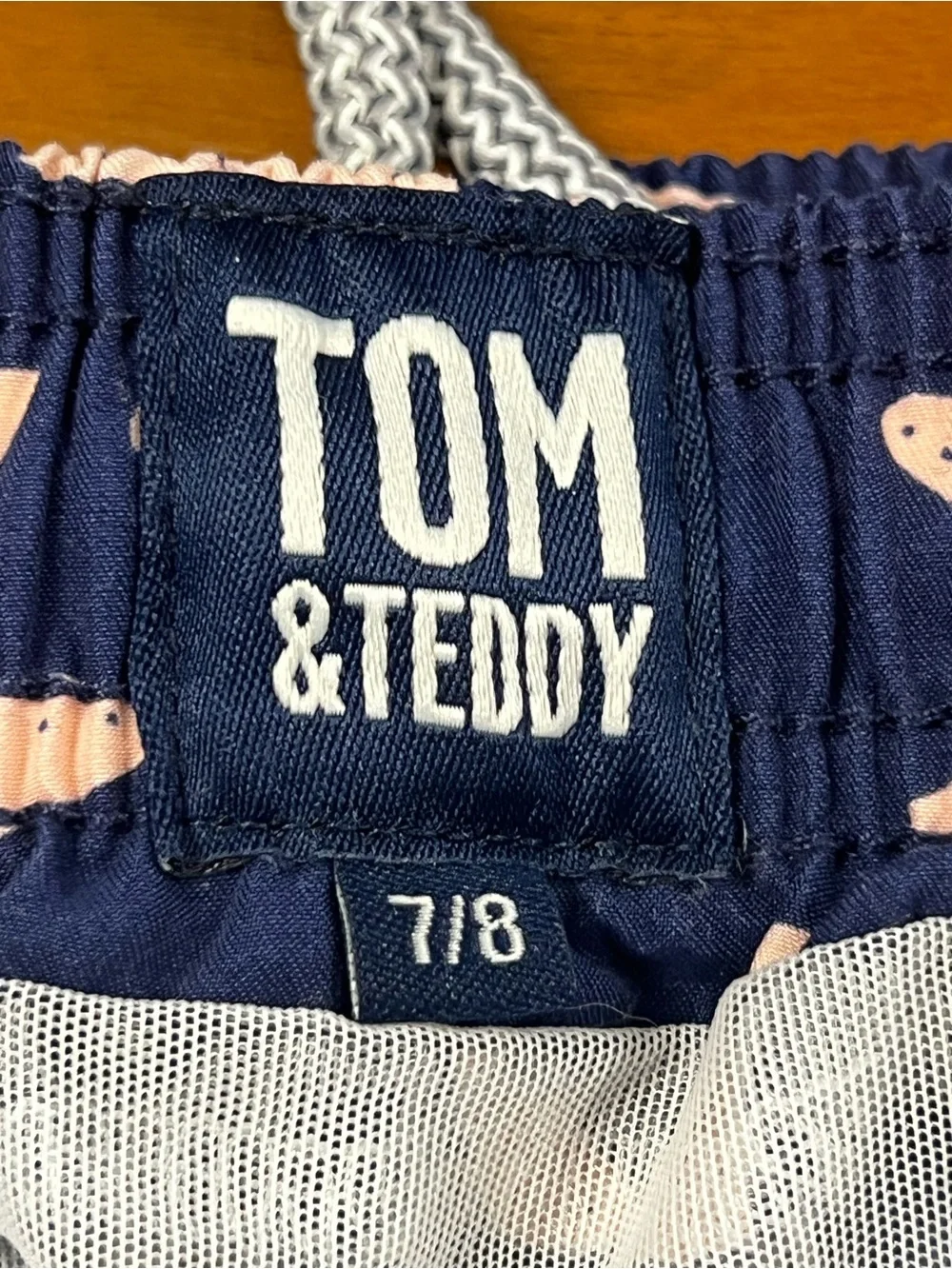 Tom & Teddy Boys Swim Trunks Size 7/8 Navy Blue Light Pink Starfish Mesh Lining